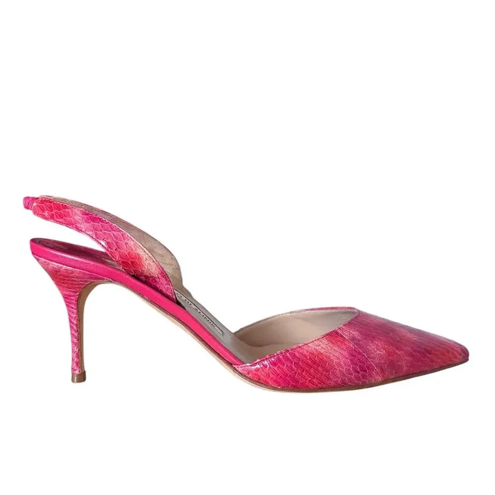 Manolo Blahnik Pink Snakeskin Leather Carolyne Slingback Pointed Toe Pump 39.5